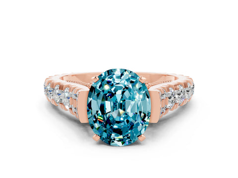 Rose gold Oval Cut Blue Topaz Classic Solitaire Ring with Pavé Band and Four-Prong Setting