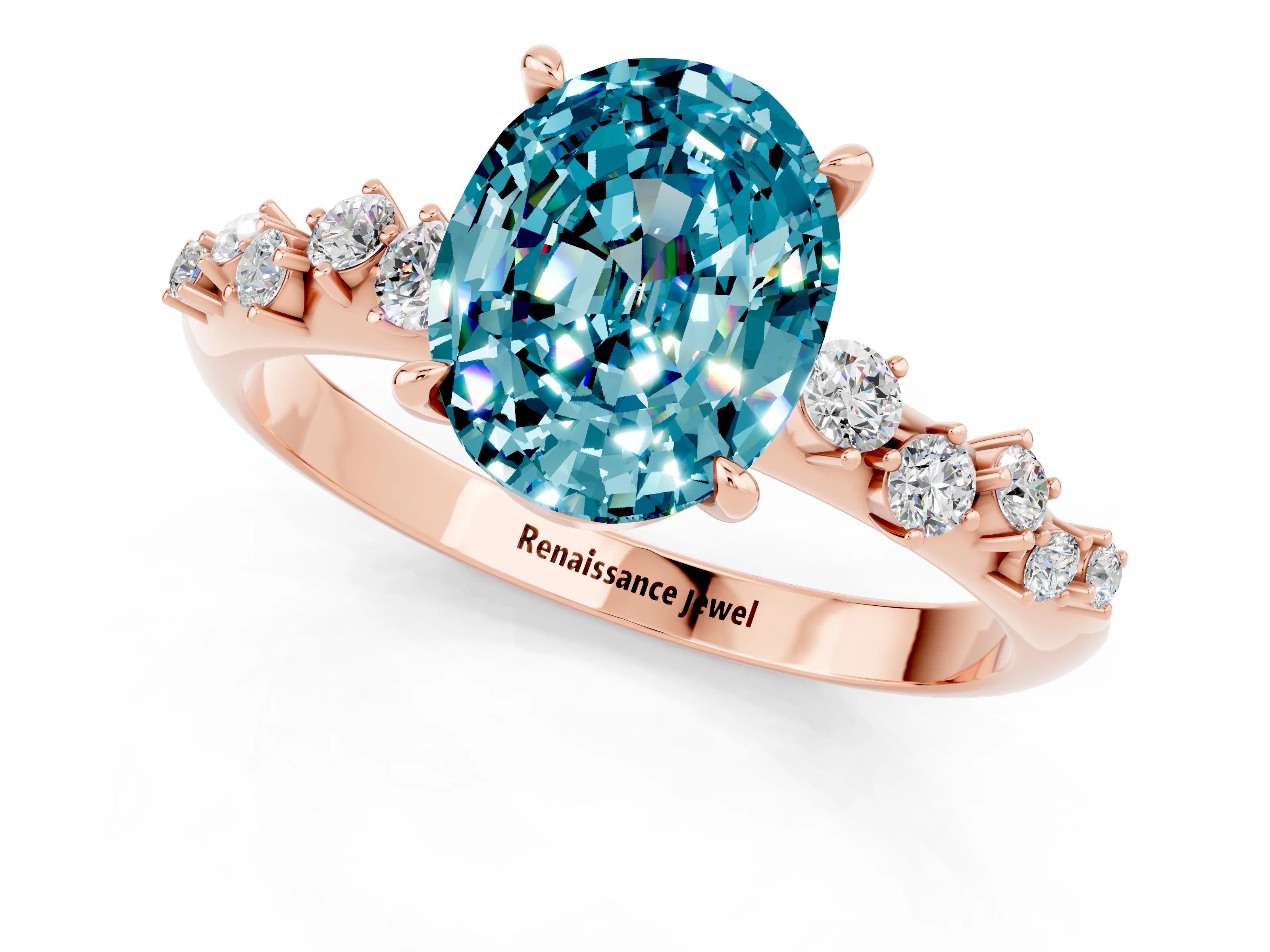Rose gold Oval Cut Blue Topaz Cluster Side Stone Solitaire Ring with Prong Setting_25