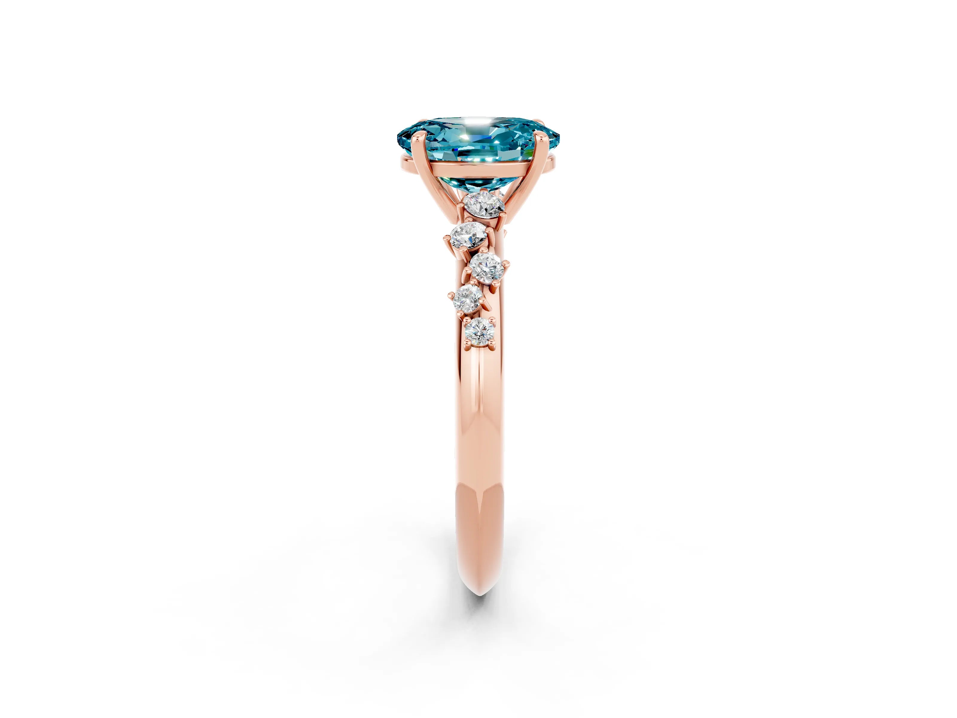 Rose gold Oval Cut Blue Topaz Cluster Side Stone Solitaire Ring with Prong Setting_26