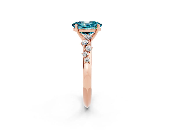 Rose Gold Oval Blue Topaz Graduated Cluster Solitaire Engagement Ring with Open Basket