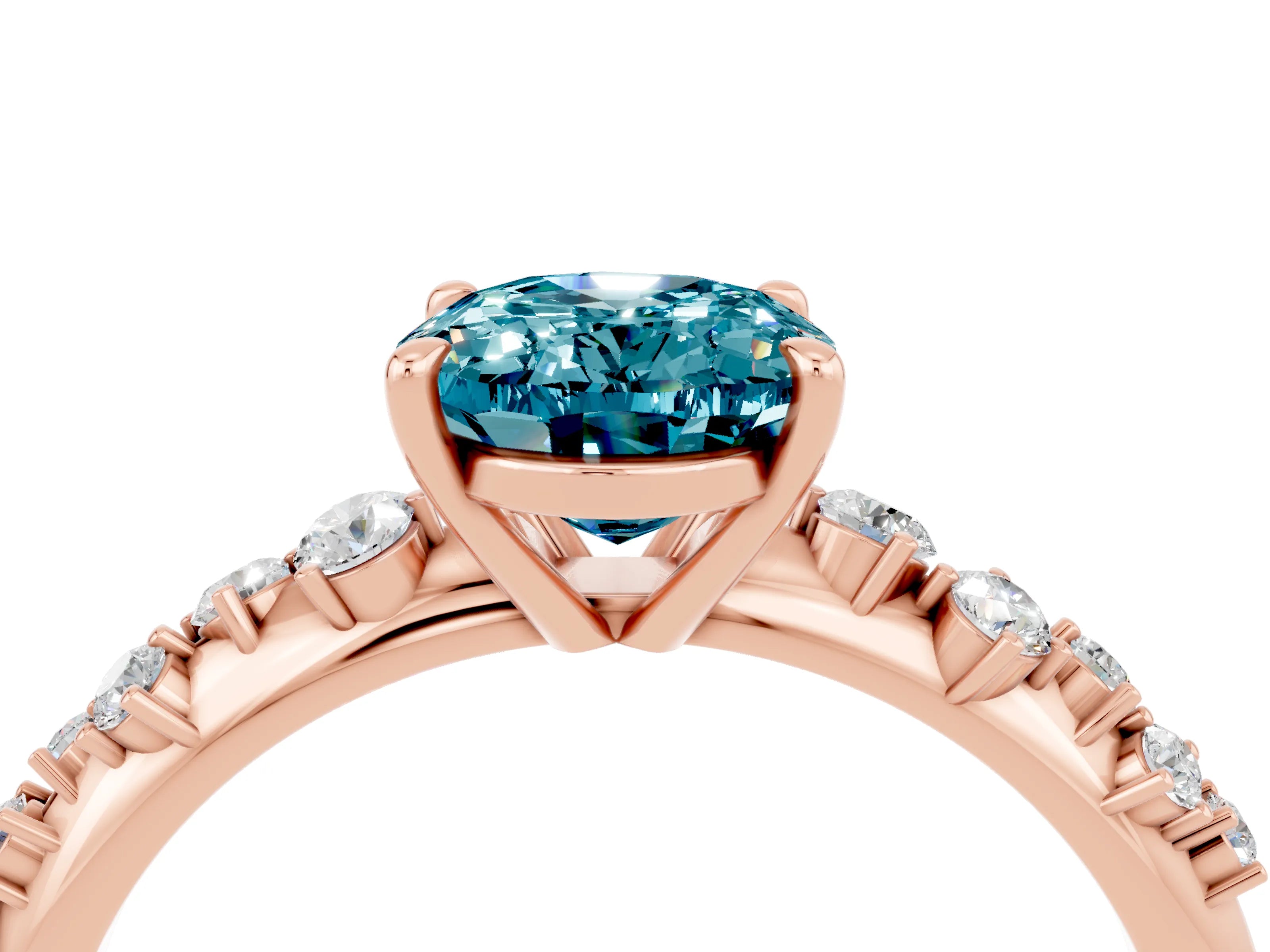 Rose gold Oval Cut Blue Topaz Cluster Side Stone Solitaire Ring with Prong Setting_28
