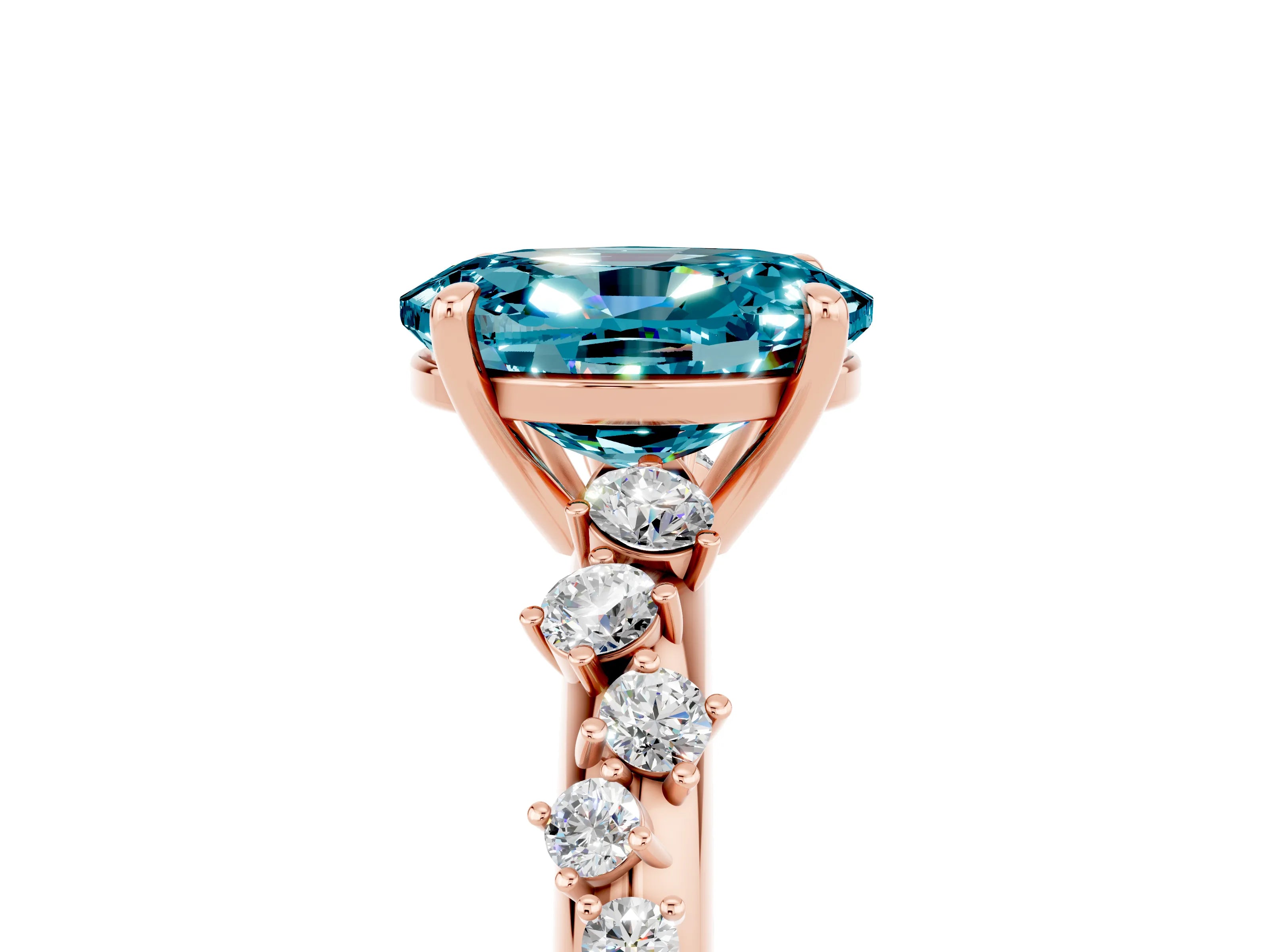 Rose gold Oval Cut Blue Topaz Cluster Side Stone Solitaire Ring with Prong Setting_29