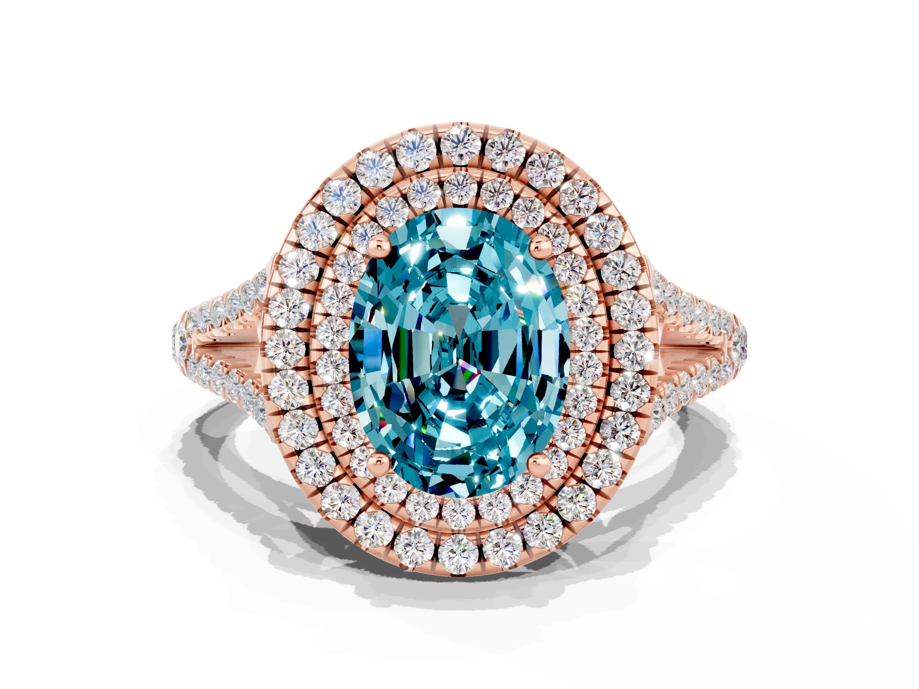 Rose gold Oval Cut Blue Topaz Double Halo Ring with Pavé Band and Prong Setting_12
