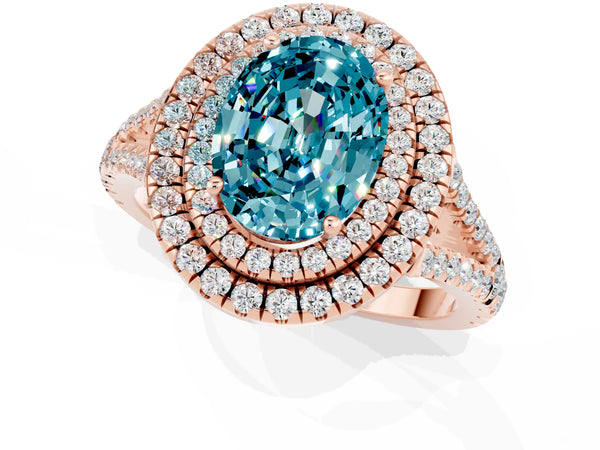 Rose gold Oval Cut Blue Topaz Double Halo Ring with Pavé Band and Prong Setting