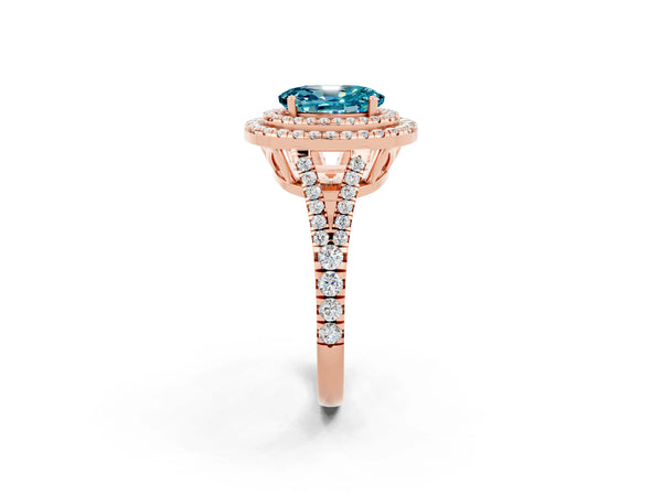 Rose gold Oval Cut Blue Topaz Double Halo Ring with Pavé Band and Prong Setting