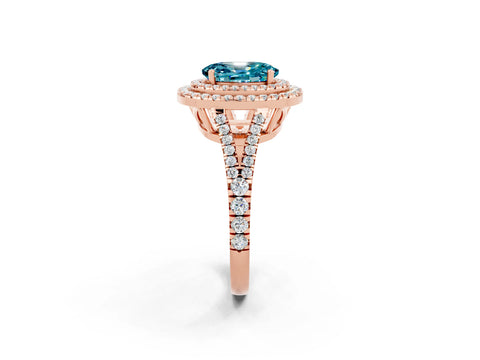 Rose gold Oval Cut Blue Topaz Double Halo Ring with Pavé Band and Prong Setting_14