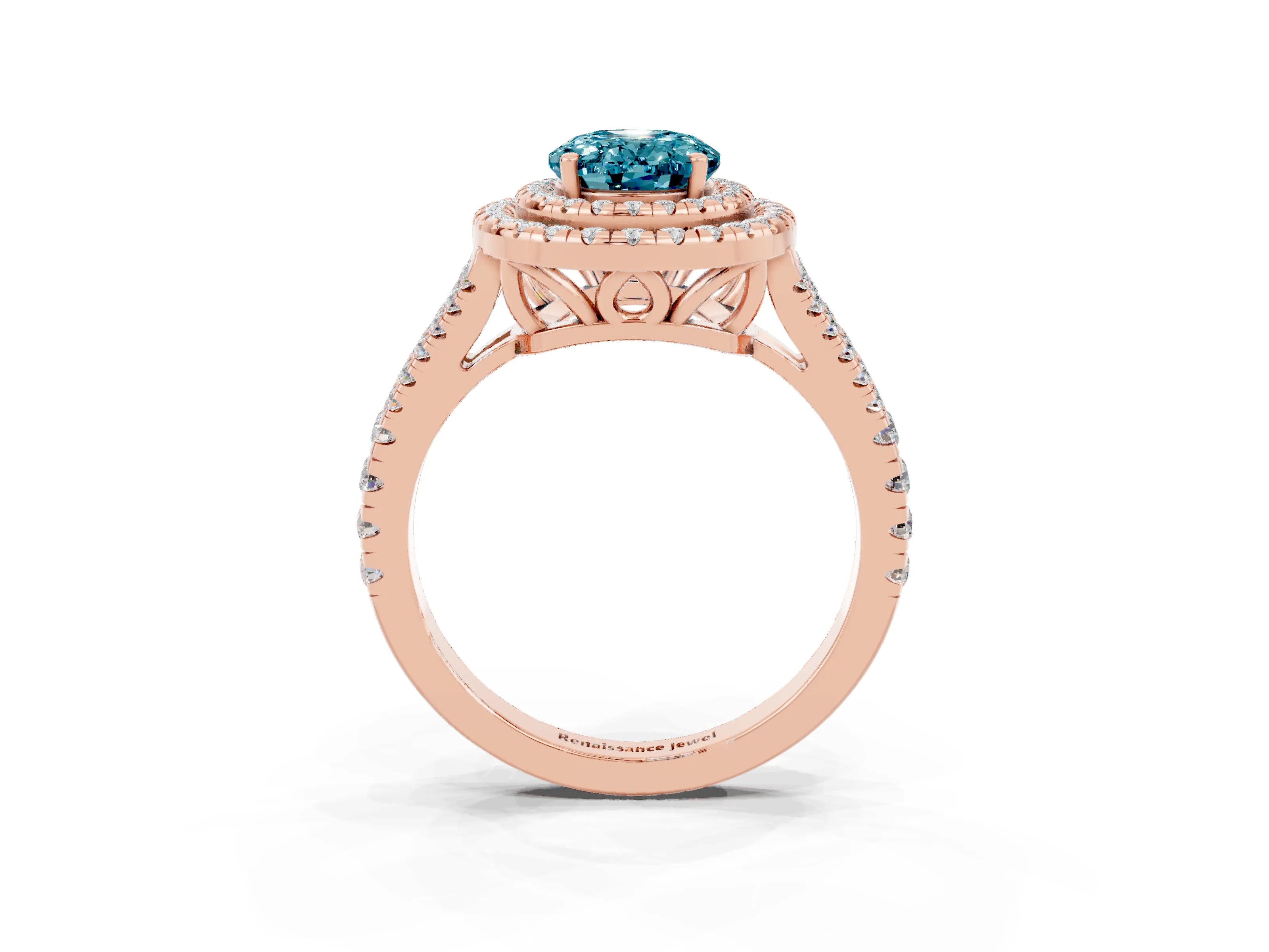 Rose gold Oval Cut Blue Topaz Double Halo Ring with Pavé Band and Prong Setting_15