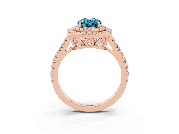 Rose gold Oval Cut Blue Topaz Double Halo Ring with Pavé Band and Prong Setting