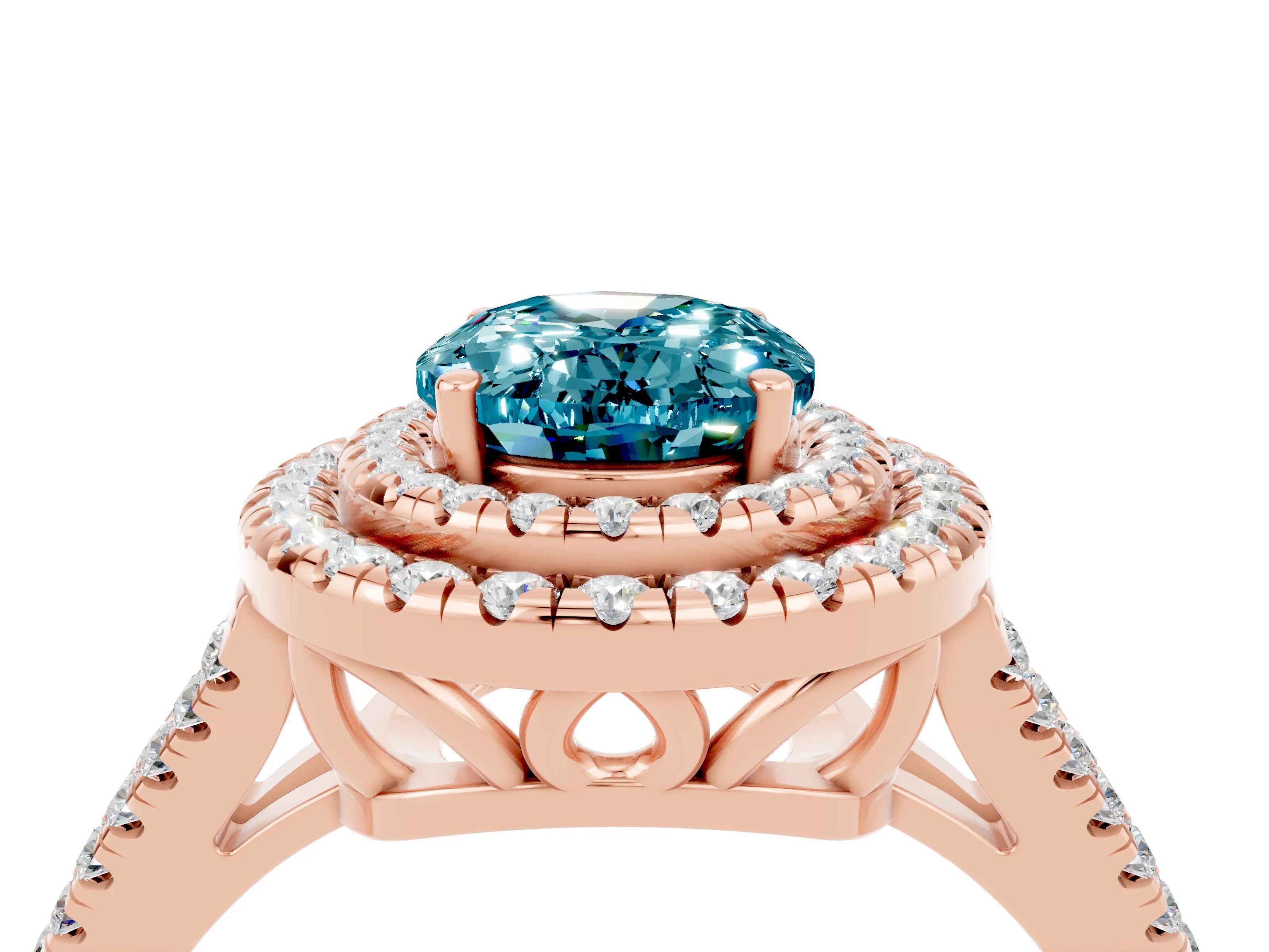 Rose gold Oval Cut Blue Topaz Double Halo Ring with Pavé Band and Prong Setting_16
