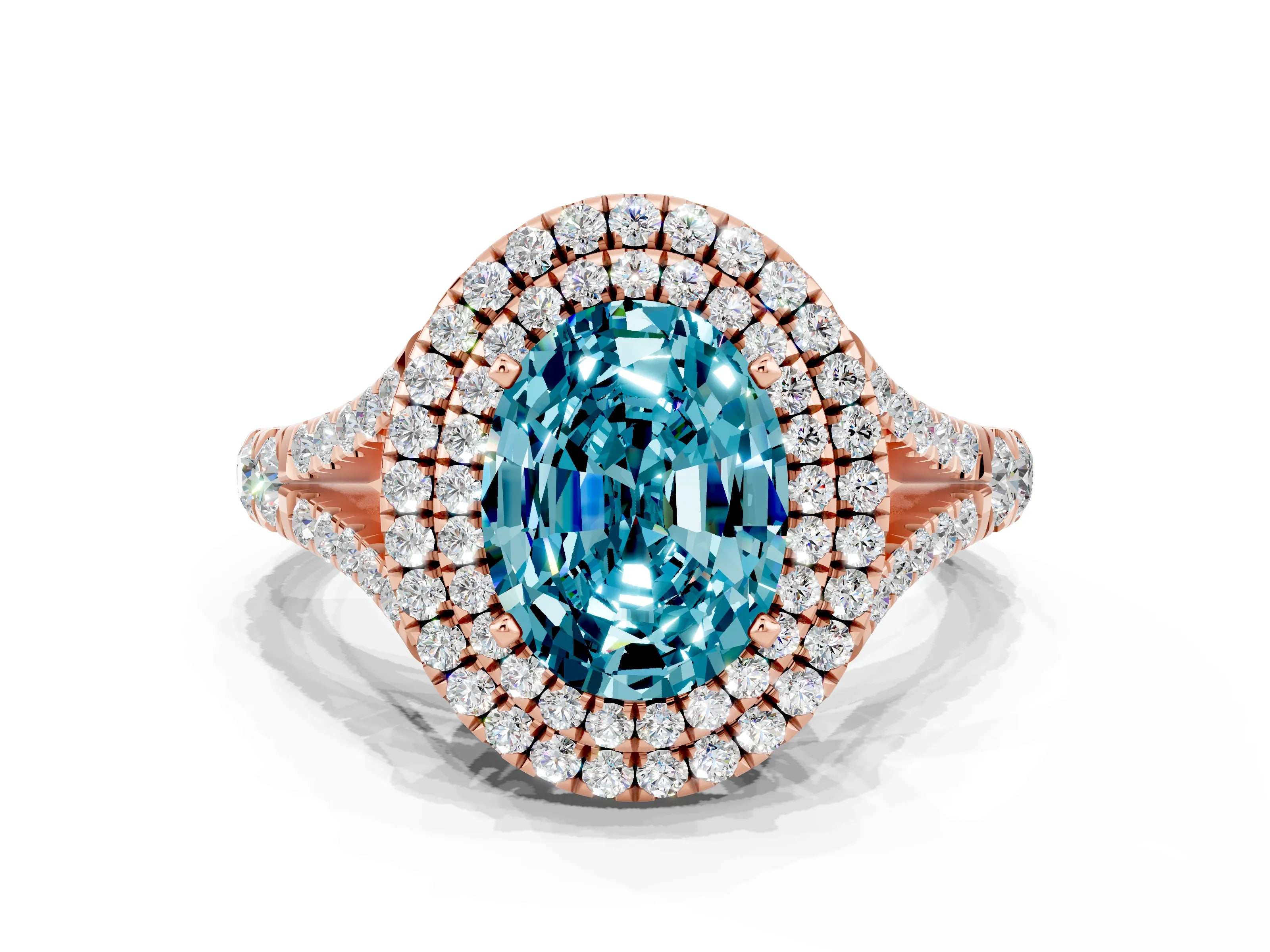 Rose gold Oval Cut Blue Topaz Double Halo Ring with Split Shank and Prong Setting_12