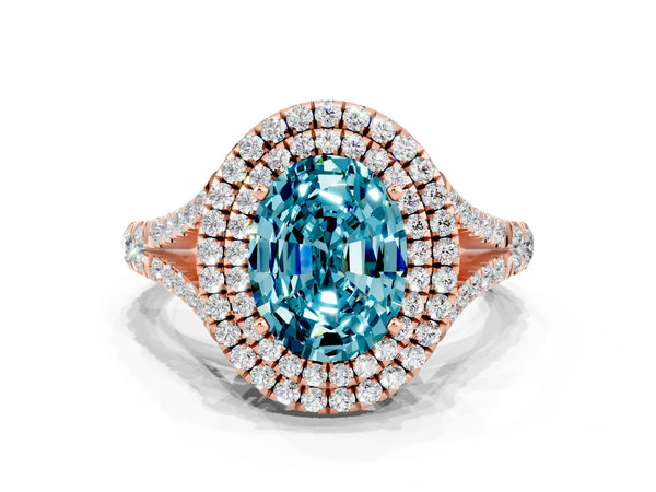 Rose gold Oval Cut Blue Topaz Double Halo Ring with Split Shank and Prong Setting