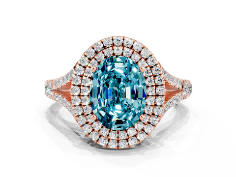 Rose gold Oval Cut Blue Topaz Double Halo Ring with Split Shank and Prong Setting_12