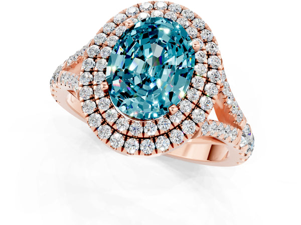 Rose gold Oval Cut Blue Topaz Double Halo Ring with Split Shank and Prong Setting