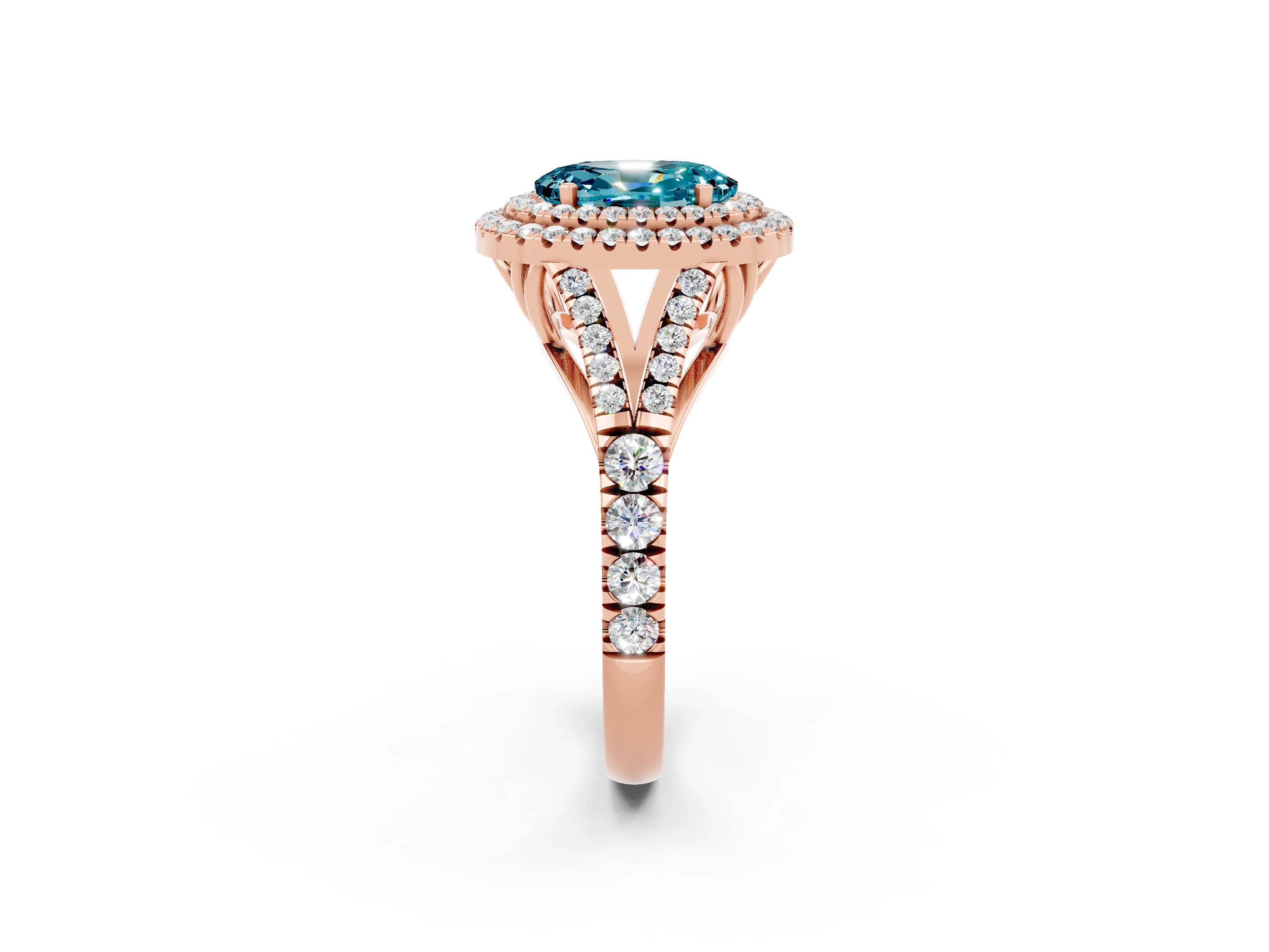 Rose gold Oval Cut Blue Topaz Double Halo Ring with Split Shank and Prong Setting_14