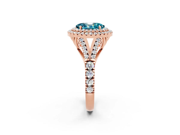 Rose gold Oval Cut Blue Topaz Double Halo Ring with Split Shank and Prong Setting