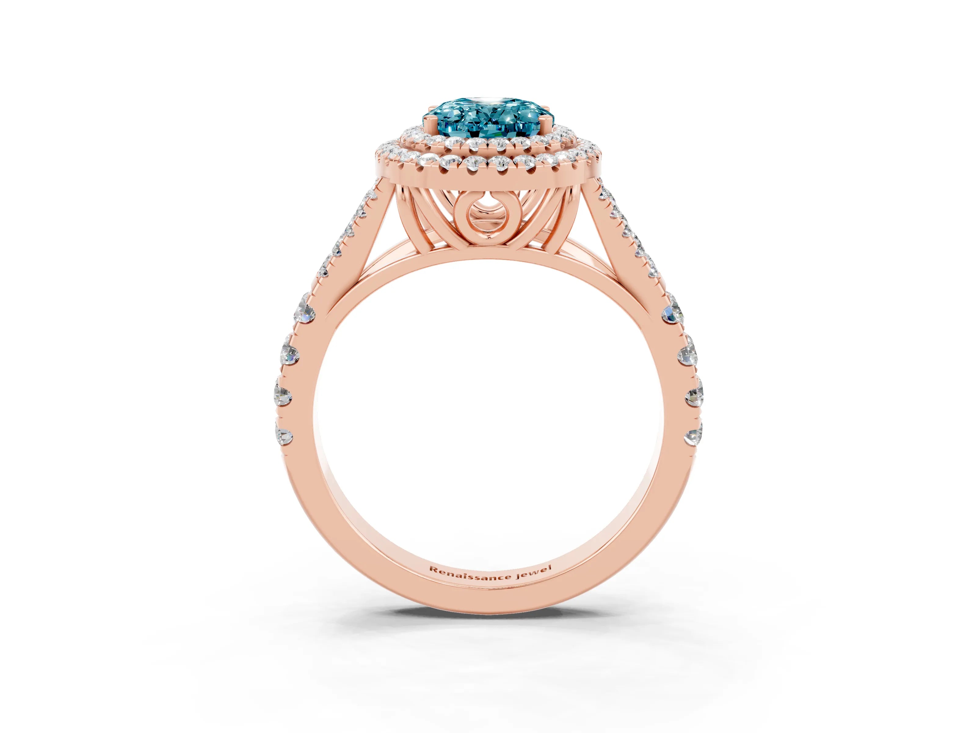 Rose gold Oval Cut Blue Topaz Double Halo Ring with Split Shank and Prong Setting_15