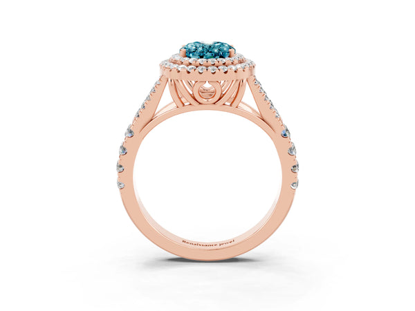Rose gold Oval Cut Blue Topaz Double Halo Ring with Split Shank and Prong Setting