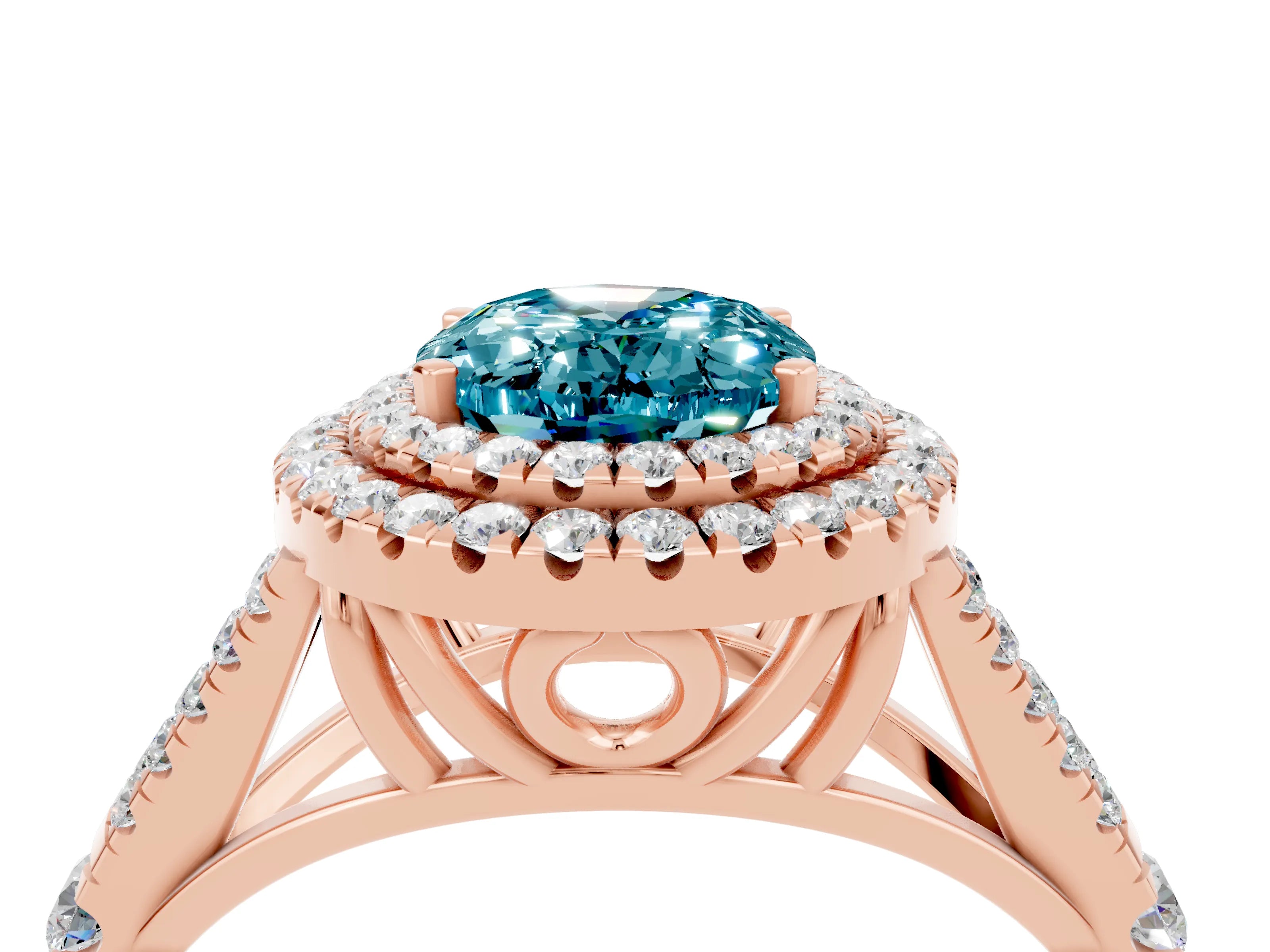 Rose gold Oval Cut Blue Topaz Double Halo Ring with Split Shank and Prong Setting_16