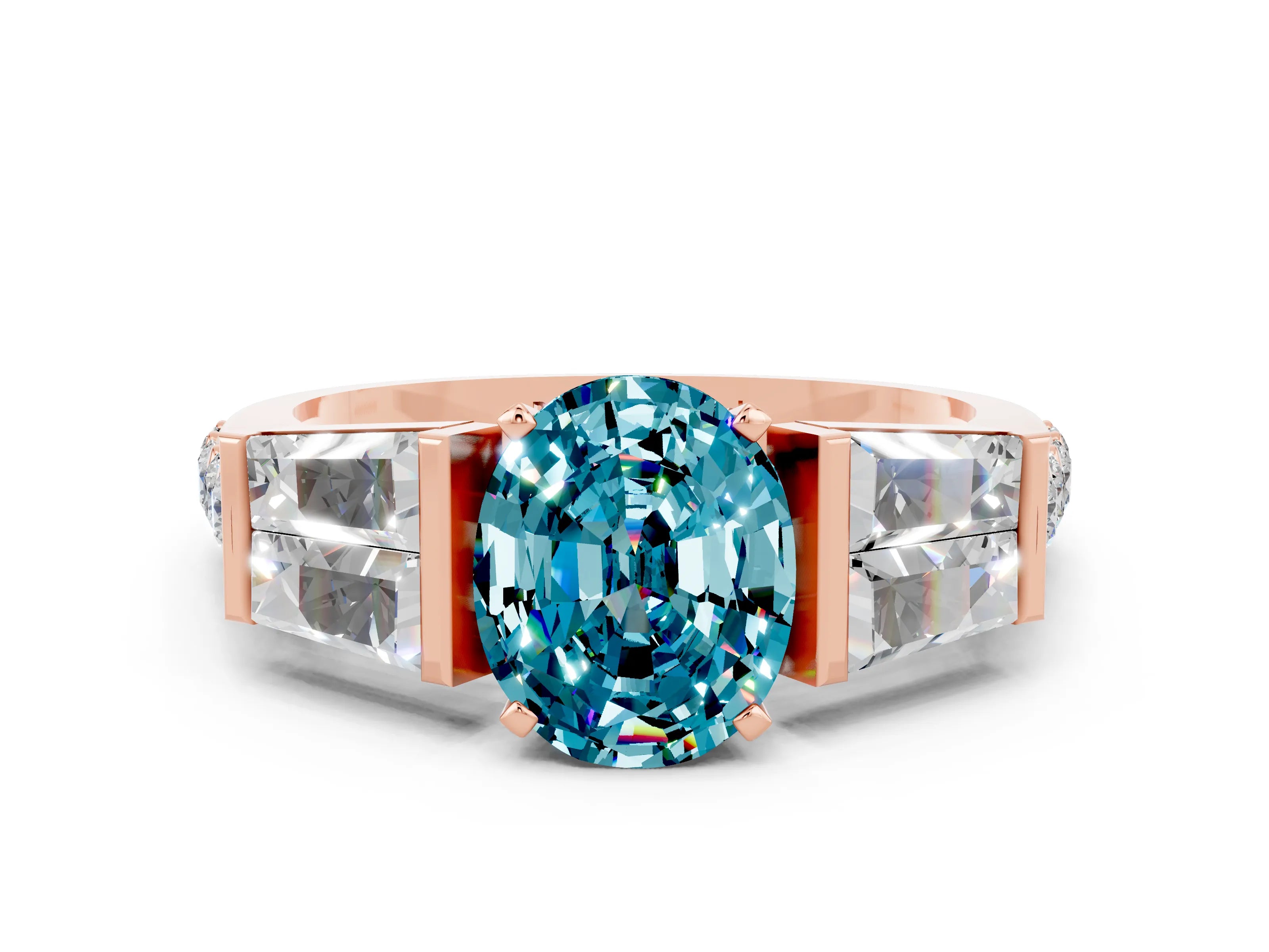 Rose gold Oval Cut Blue Topaz Engagement Ring with Baguette Side Stones and Channel Set Band