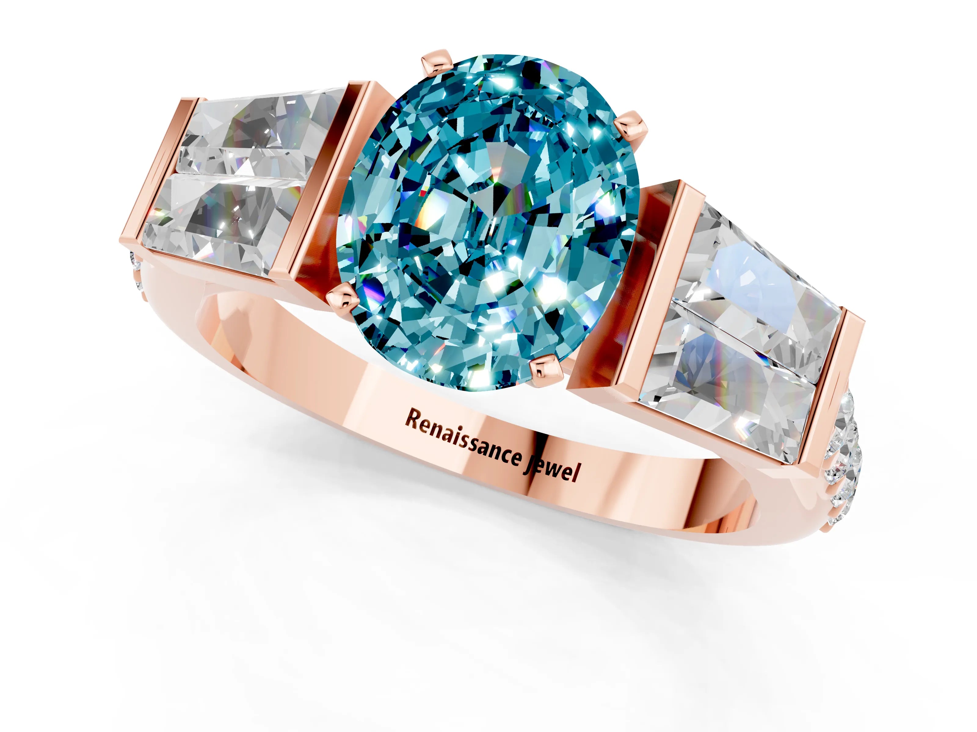 Rose gold Oval Cut Blue Topaz Engagement Ring with Baguette Side Stones and Channel Set Band_1