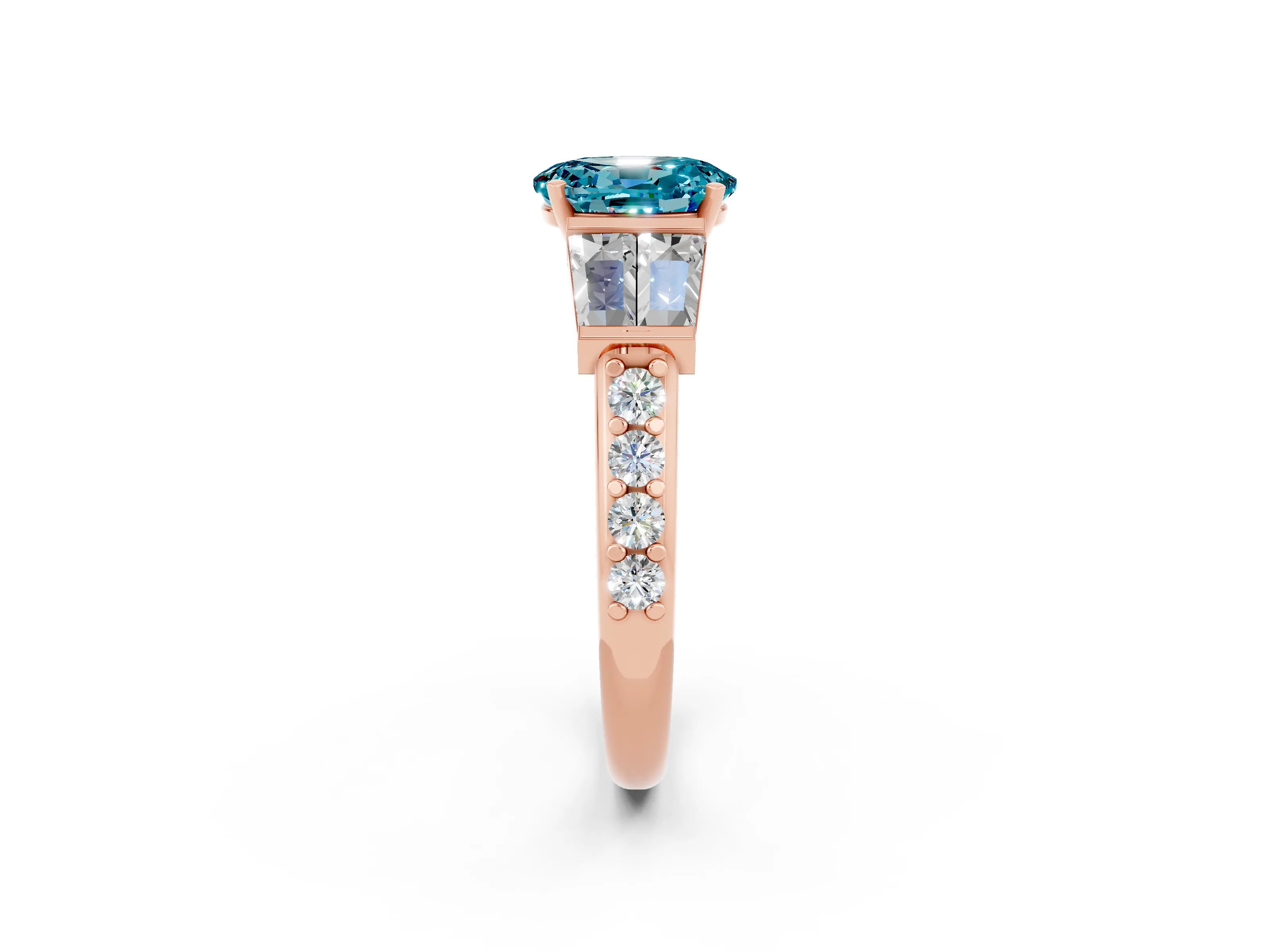 Rose gold Oval Cut Blue Topaz Engagement Ring with Baguette Side Stones and Channel Set Band_2