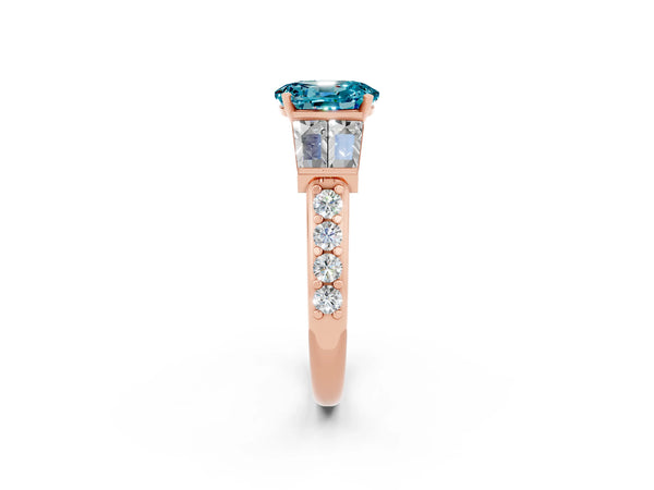 Rose gold Oval Cut Blue Topaz Engagement Ring with Baguette Side Stones and Channel Set Band