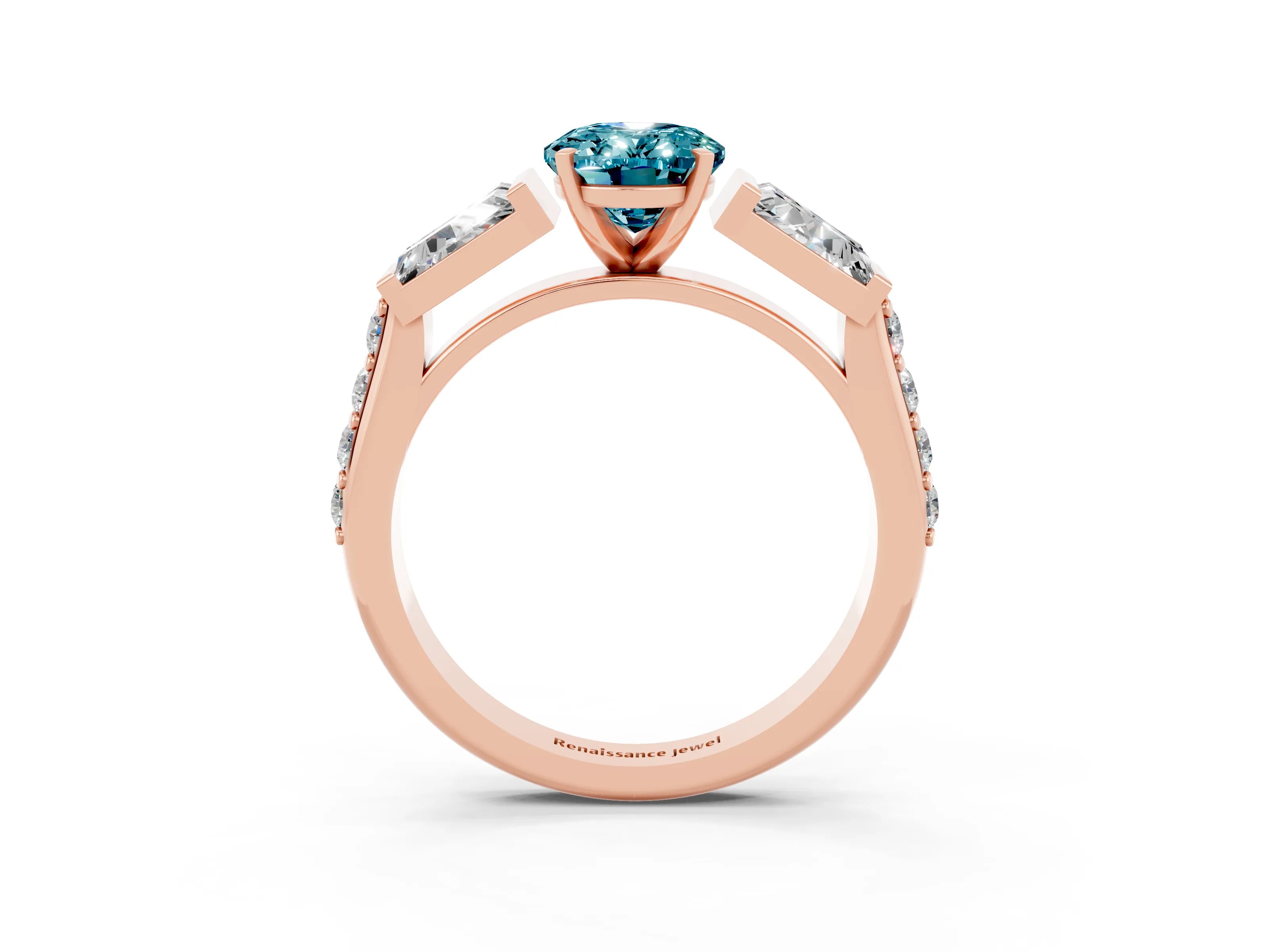 Rose gold Oval Cut Blue Topaz Engagement Ring with Baguette Side Stones and Channel Set Band_3