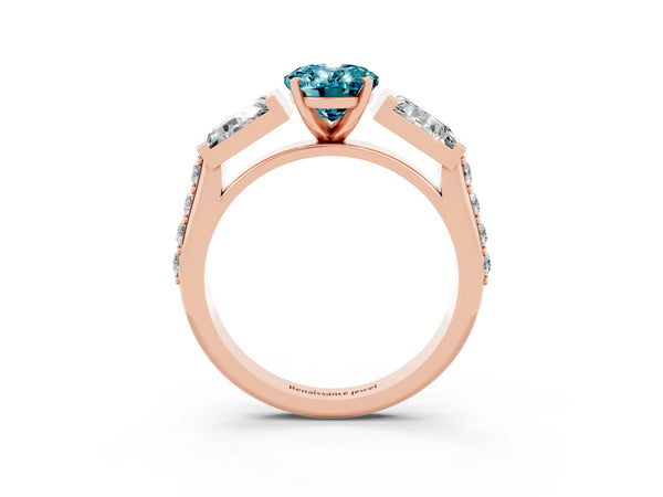 Rose gold Oval Cut Blue Topaz Engagement Ring with Baguette Side Stones and Channel Set Band
