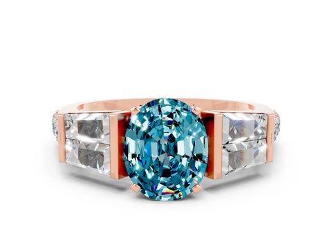 Rose gold Oval Cut Blue Topaz Engagement Ring with Baguette Side Stones and Channel Set Band