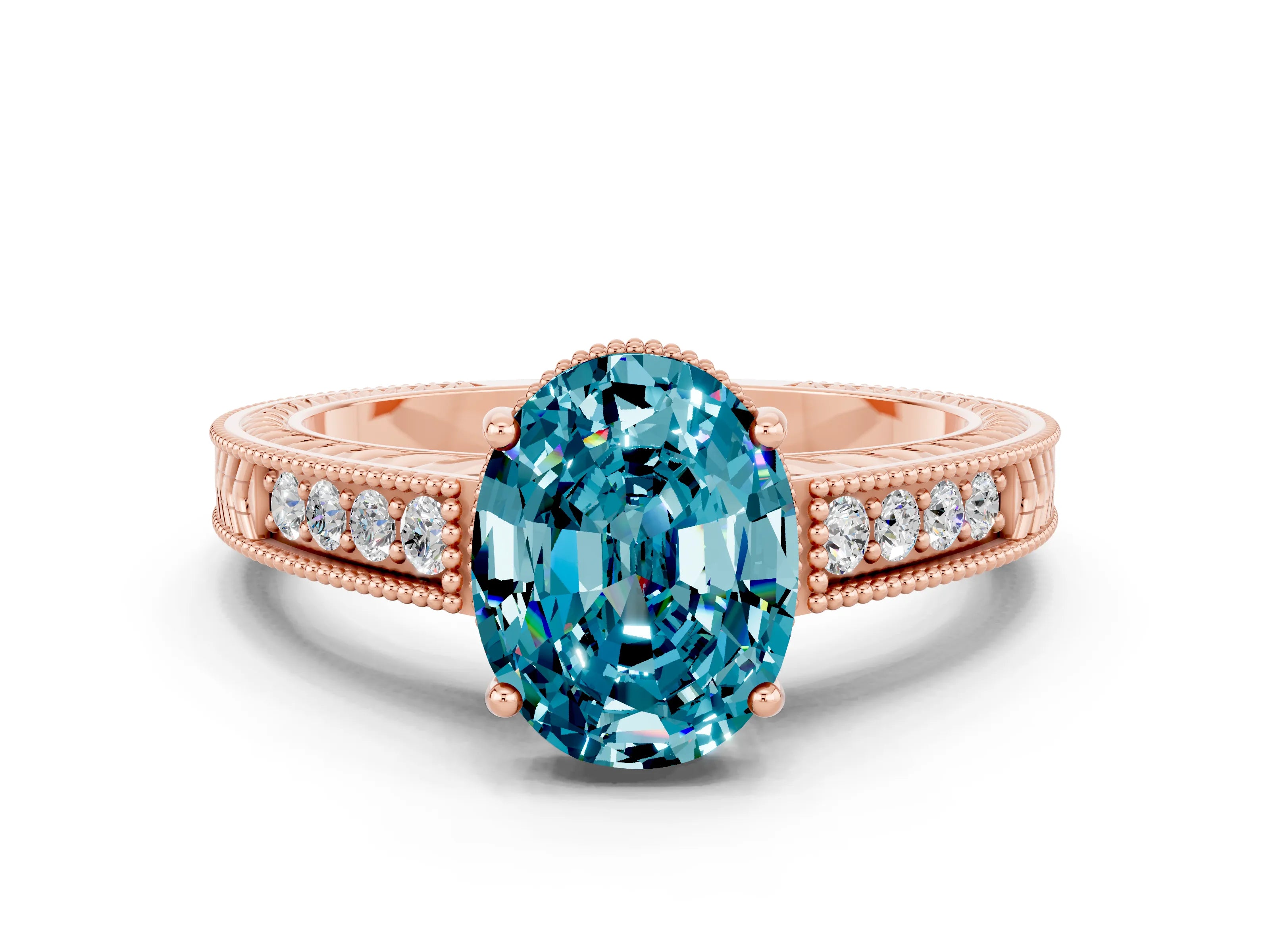 Rose gold Oval Cut Blue Topaz Engagement Ring with Milgrain Channel Set Band and Prong Setting