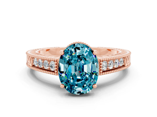 Rose gold Oval Cut Blue Topaz Engagement Ring with Milgrain Channel Set Band and Prong Setting