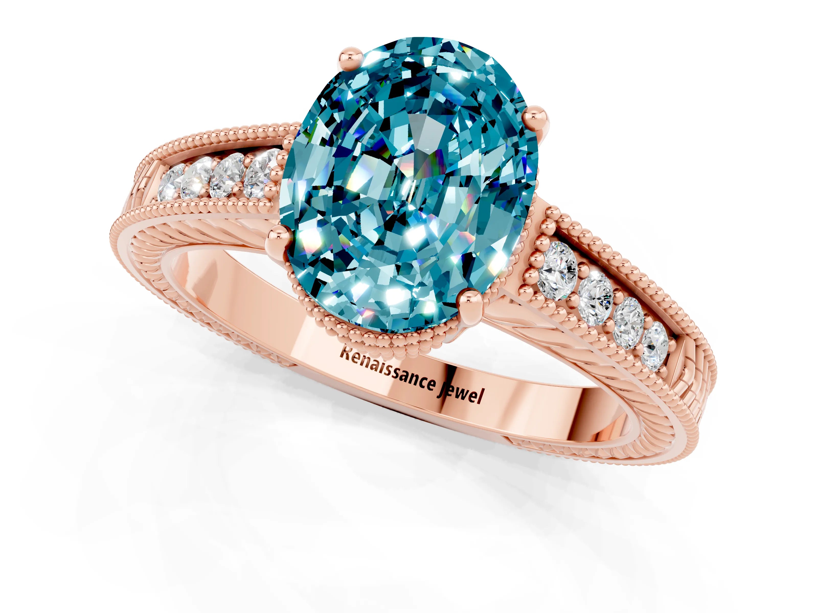 Rose gold Oval Cut Blue Topaz Engagement Ring with Milgrain Channel Set Band and Prong Setting_1