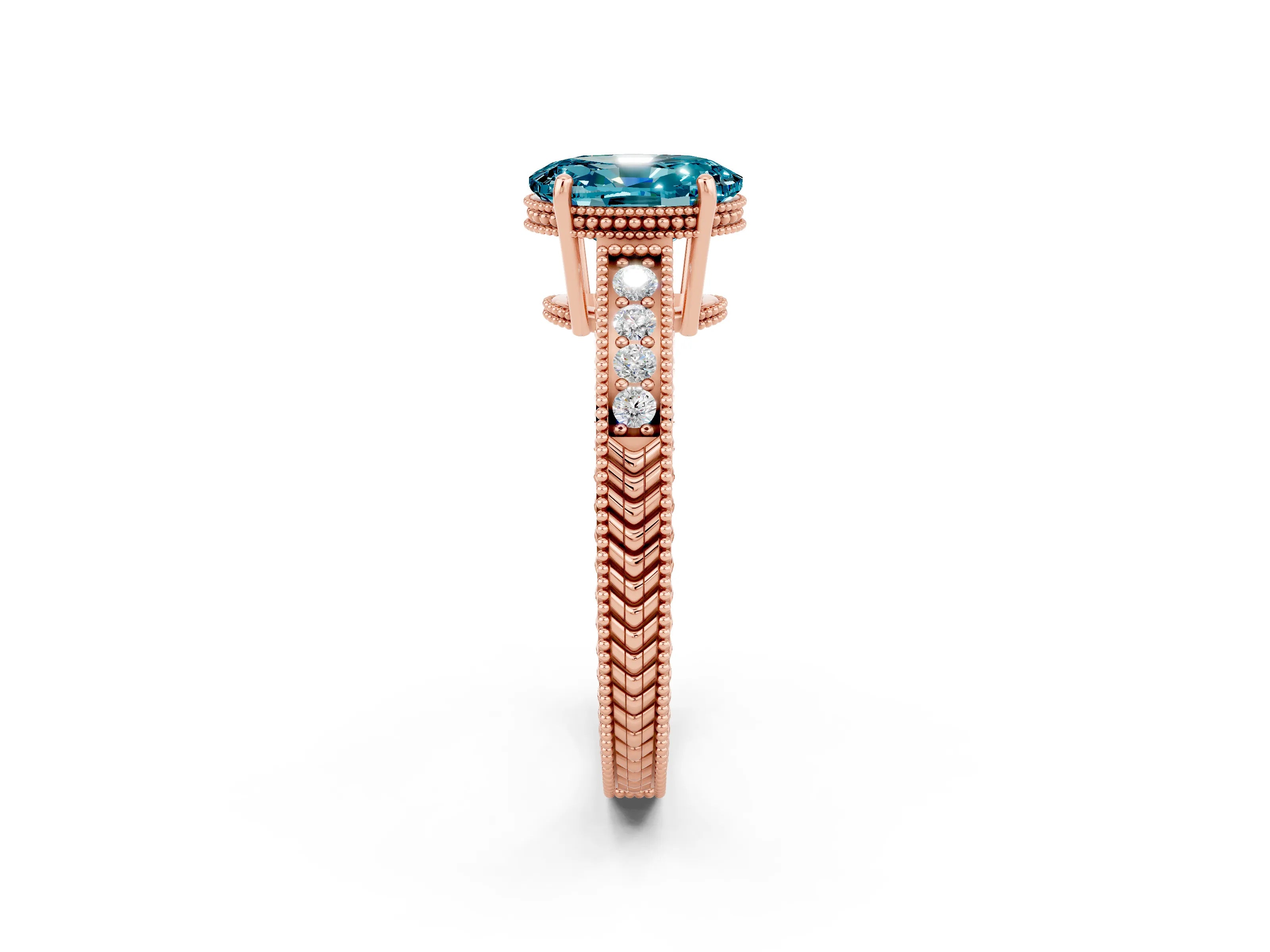 Rose gold Oval Cut Blue Topaz Engagement Ring with Milgrain Channel Set Band and Prong Setting_2