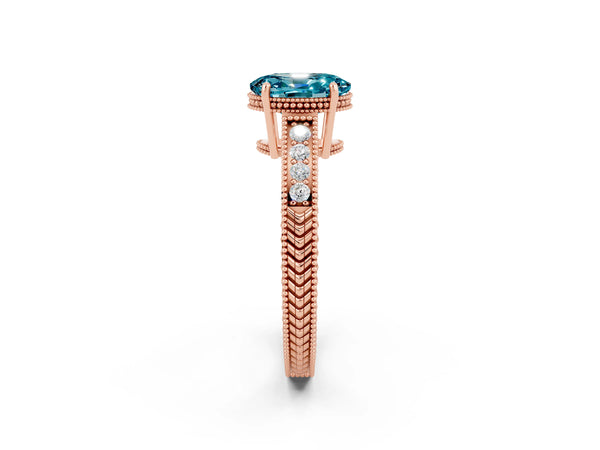 Rose gold Oval Cut Blue Topaz Engagement Ring with Milgrain Channel Set Band and Prong Setting