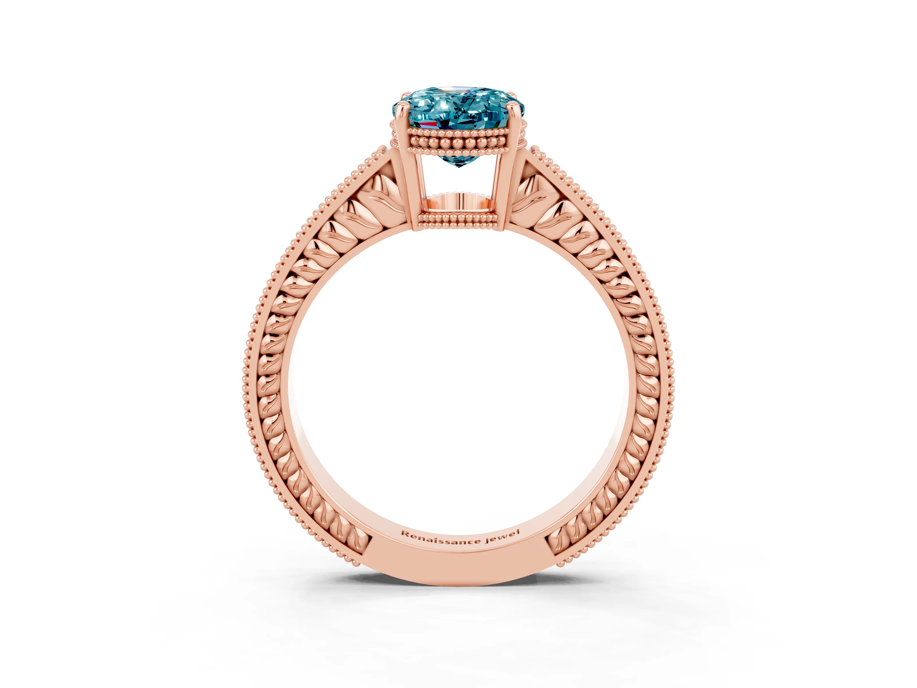 Rose gold Oval Cut Blue Topaz Engagement Ring with Milgrain Channel Set Band and Prong Setting_3