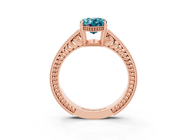 Rose gold Oval Cut Blue Topaz Engagement Ring with Milgrain Channel Set Band and Prong Setting