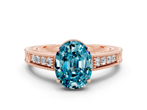 Rose gold Oval Cut Blue Topaz Engagement Ring with Milgrain Channel Set Band and Prong Setting