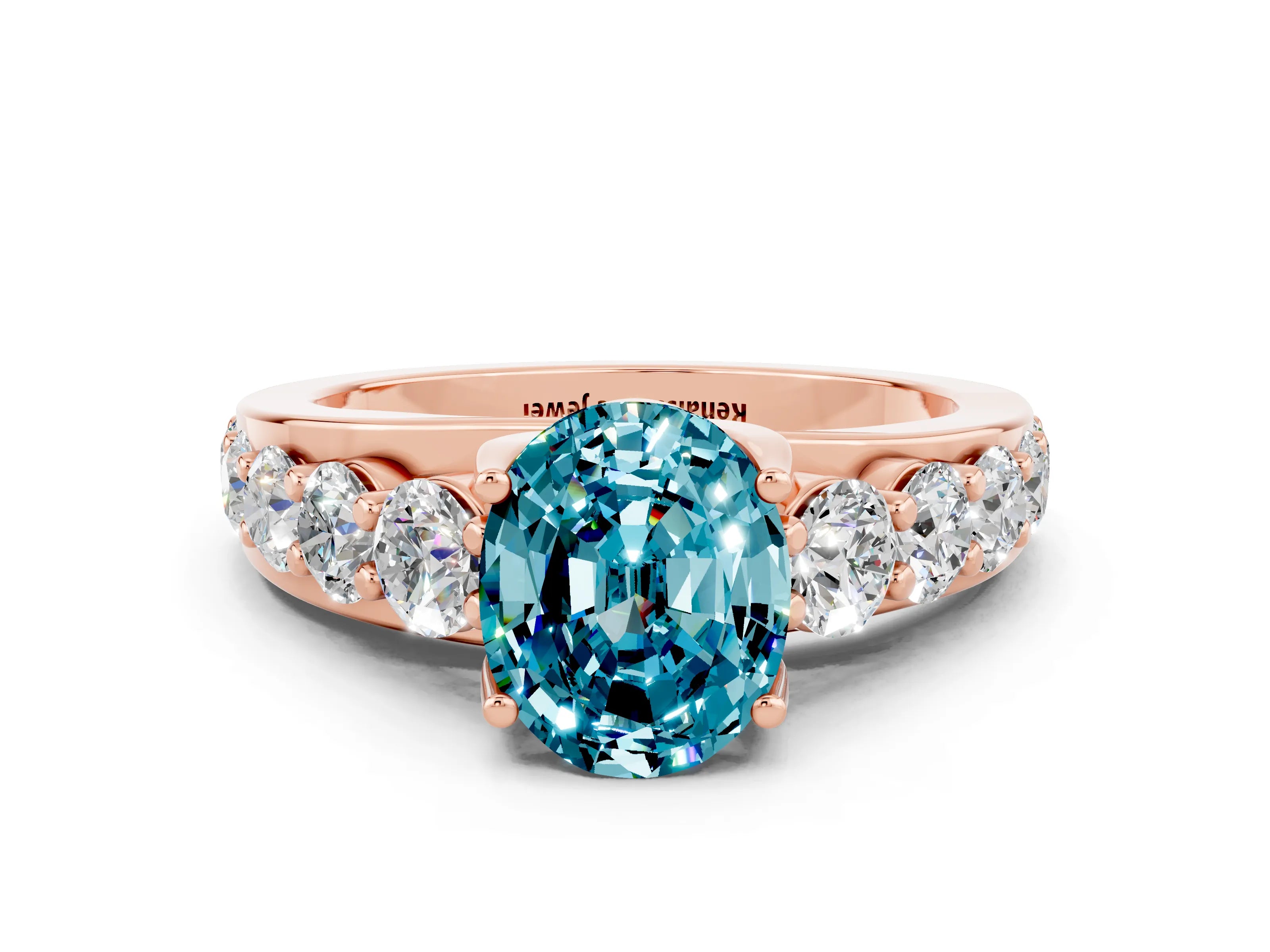 Rose gold Oval Cut Blue Topaz Engagement Ring with Pavé Band and Four-Prong Setting