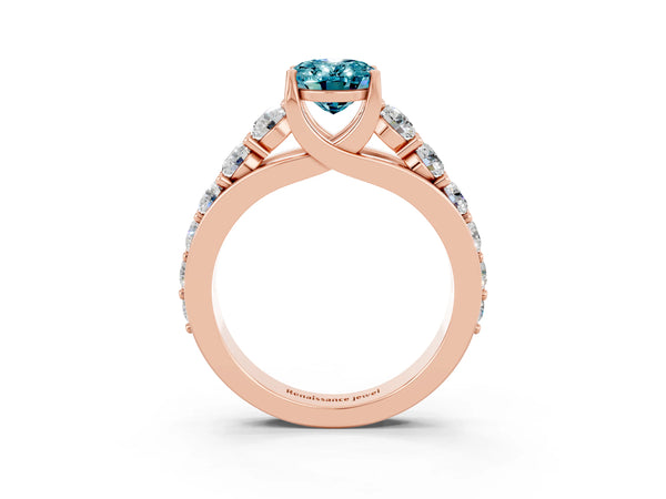 Rose gold Oval Cut Blue Topaz Engagement Ring with Pavé Band and Four-Prong Setting