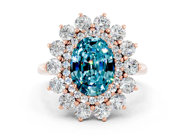 Rose gold Oval Cut Blue Topaz Floral Double Halo Engagement Ring with Prong Setting