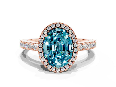 Rose gold Oval Cut Blue Topaz Halo Engagement Ring with Pavé Band and Prong Setting_12