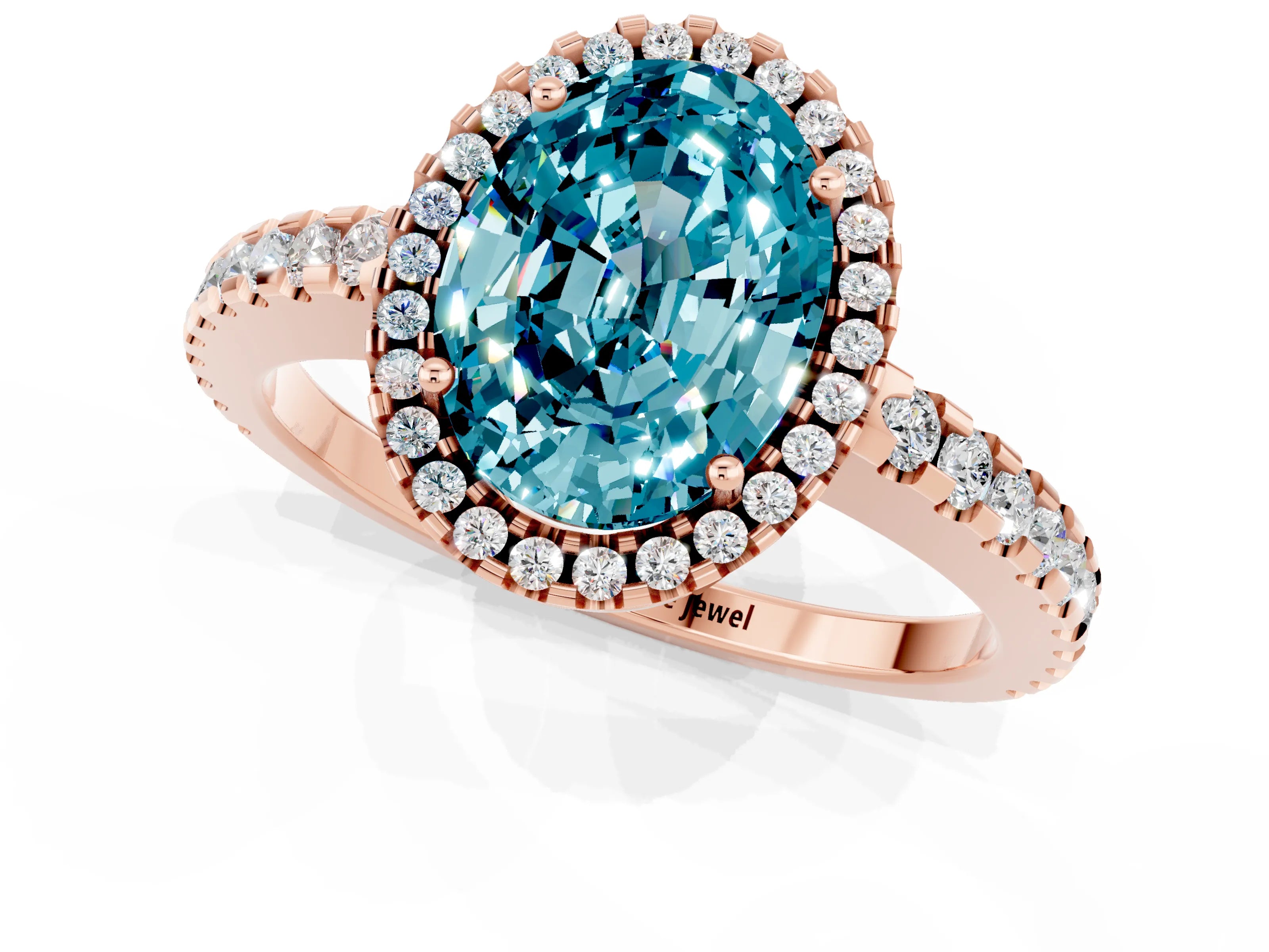 Rose gold Oval Cut Blue Topaz Halo Engagement Ring with Pavé Band and Prong Setting_13