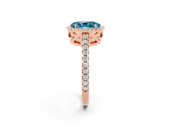Rose gold Oval Cut Blue Topaz Halo Engagement Ring with Pavé Band and Prong Setting