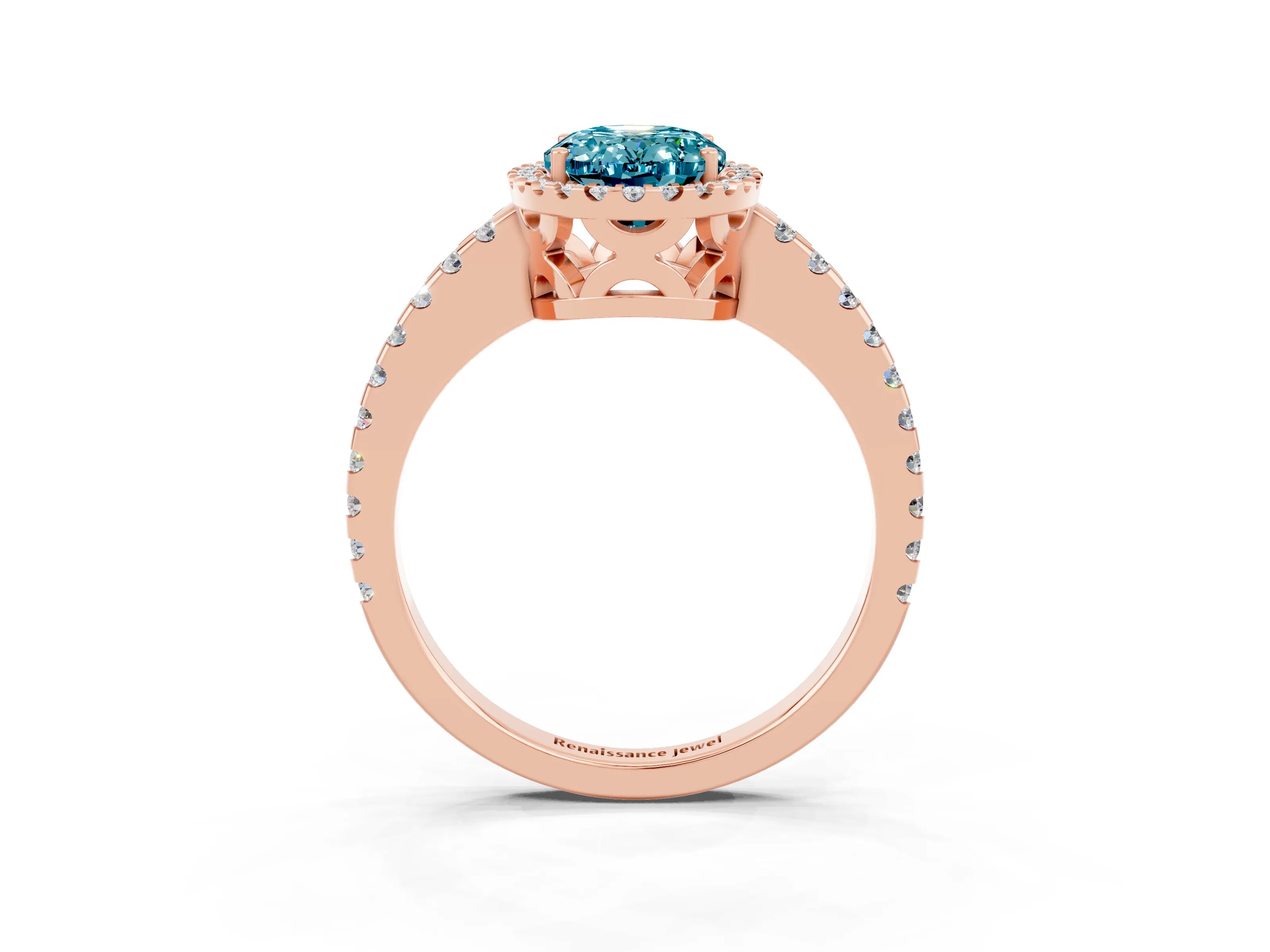 Rose gold Oval Cut Blue Topaz Halo Engagement Ring with Pavé Band and Prong Setting_15