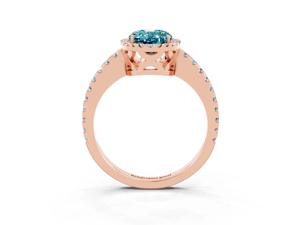 Rose gold Oval Cut Blue Topaz Halo Engagement Ring with Pavé Band and Prong Setting