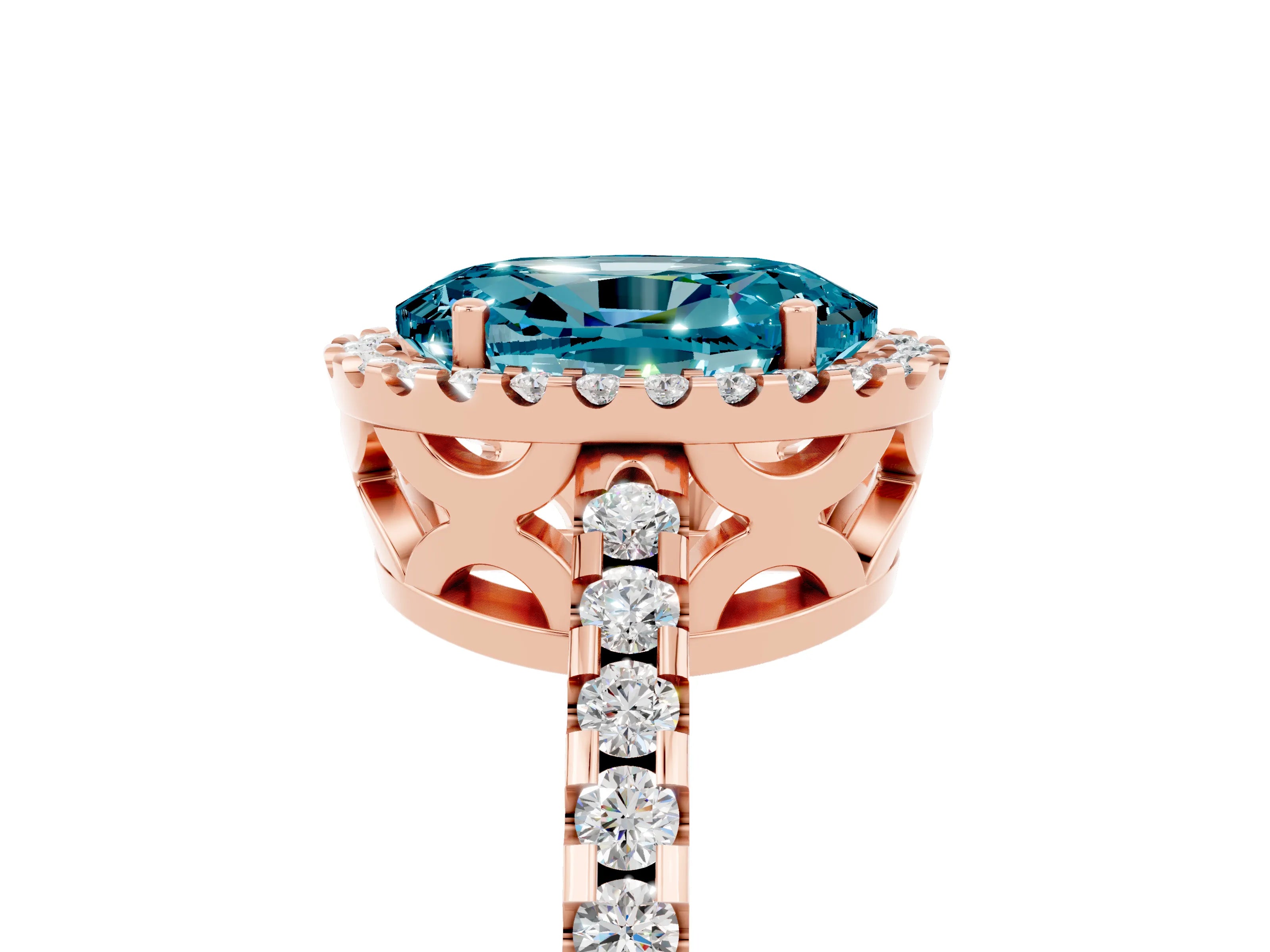Rose gold Oval Cut Blue Topaz Halo Engagement Ring with Pavé Band and Prong Setting_17