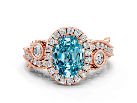 Rose gold Oval Cut Blue Topaz Halo Ring with Milgrain Pavé Band and Four-Prong Setting_12