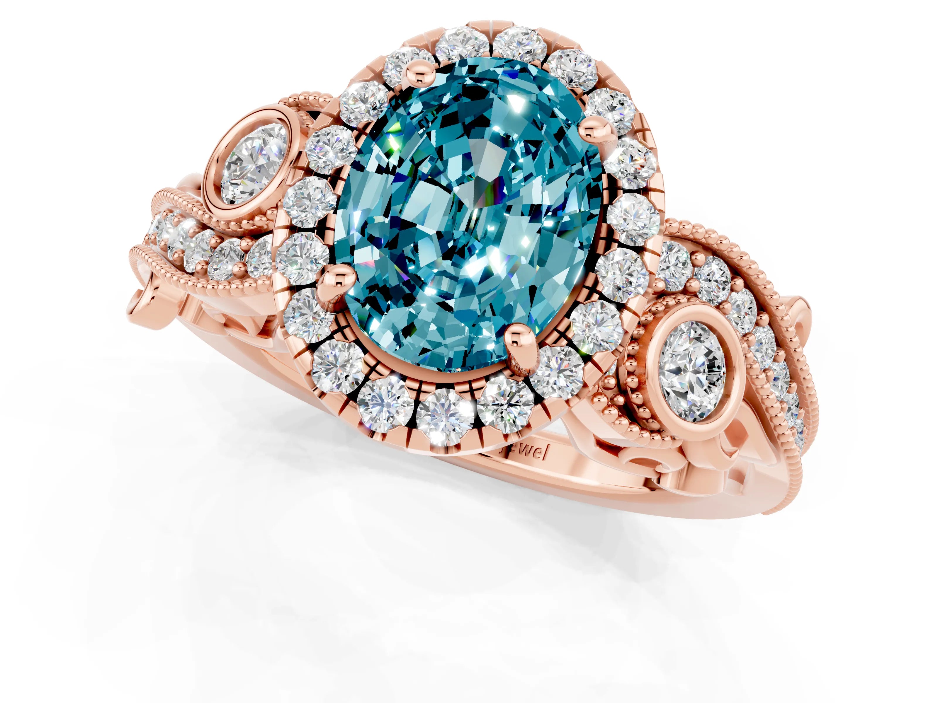 Rose gold Oval Cut Blue Topaz Halo Ring with Milgrain Pavé Band and Four-Prong Setting_13