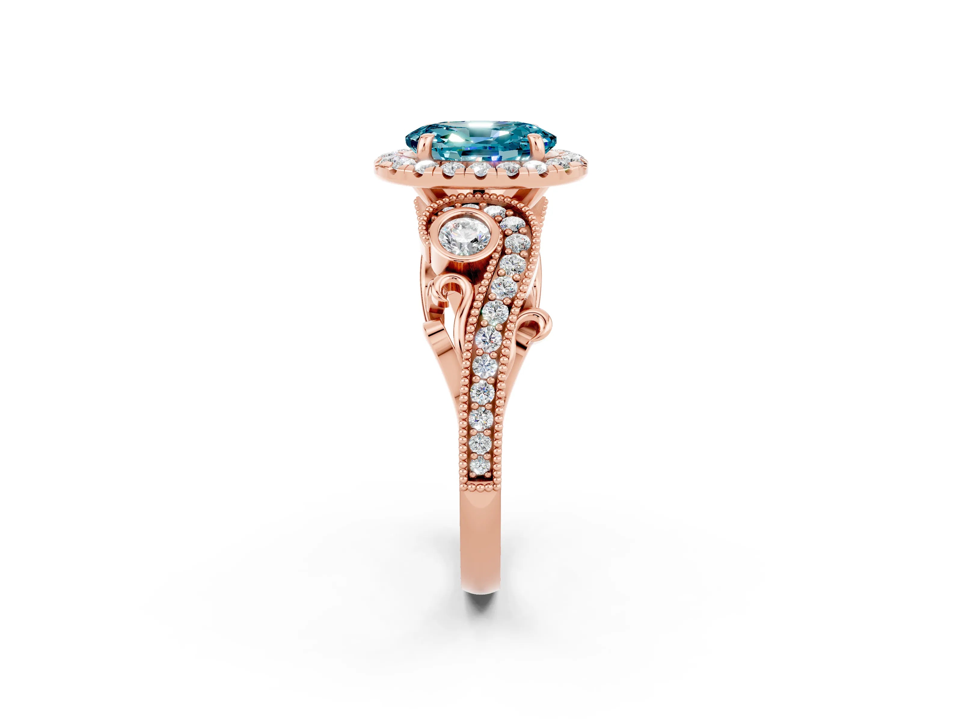 Rose gold Oval Cut Blue Topaz Halo Ring with Milgrain Pavé Band and Four-Prong Setting_14