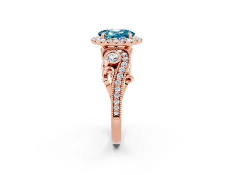 Rose gold Oval Cut Blue Topaz Halo Ring with Milgrain Pavé Band and Four-Prong Setting_14
